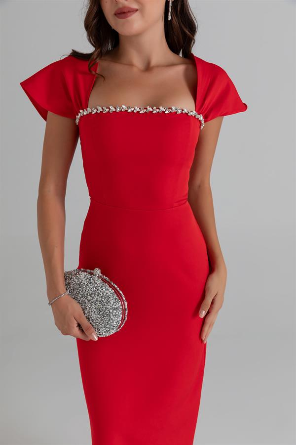 Taşlı Kalem Elbise - KIRMIZI