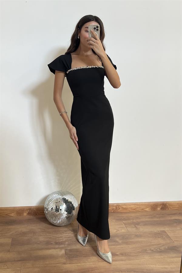 Stone Detailed Pencil Dress - Black