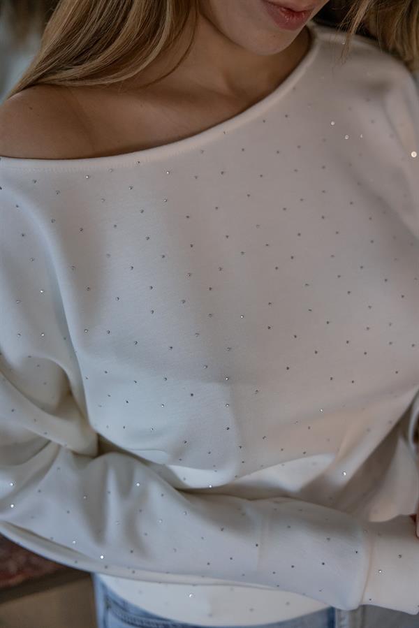 Taşlı Kayık Yaka Bluz - BEYAZ