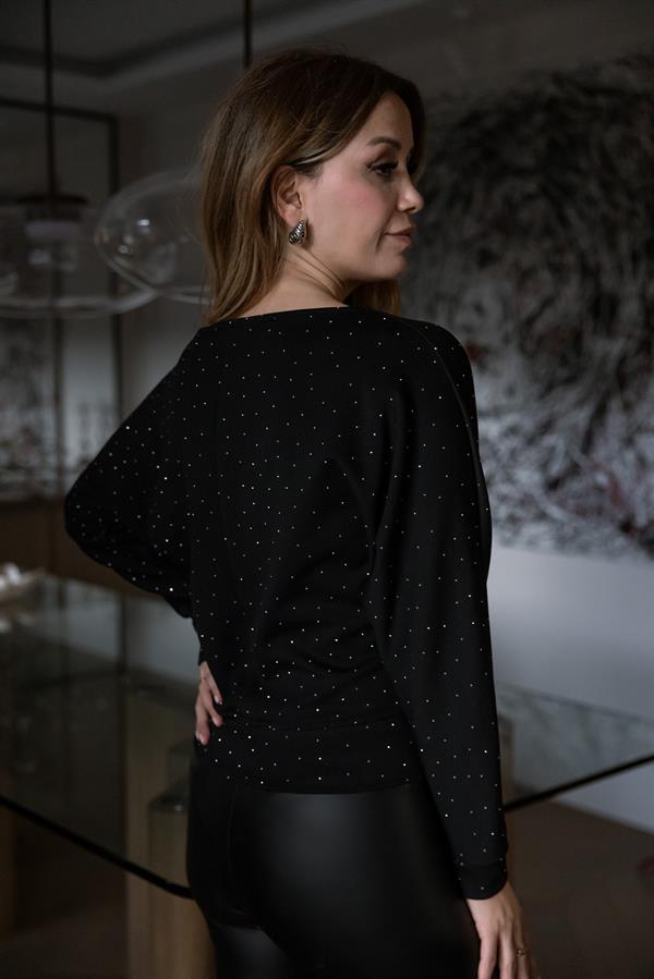 Taşlı Kayık Yaka Bluz - SİYAH