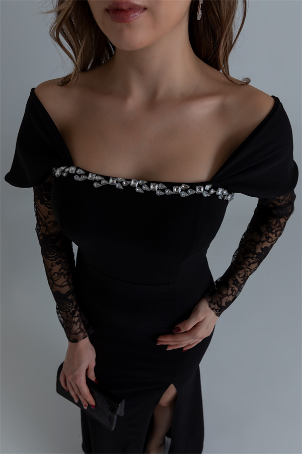 Taşlı Kol Aksesuarlı Elbise - SİYAH