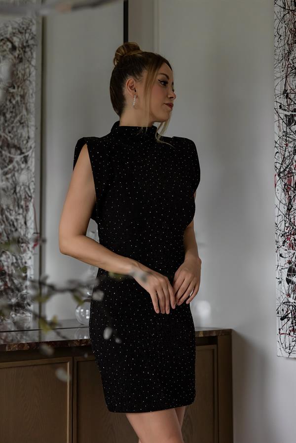 Taşlı Mini Elbise - SİYAH