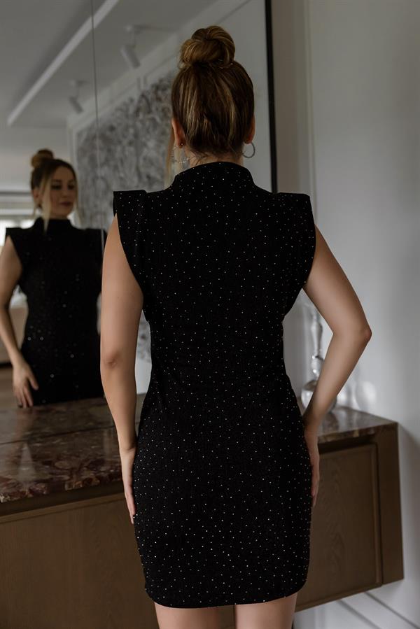 Taşlı Mini Elbise - SİYAH
