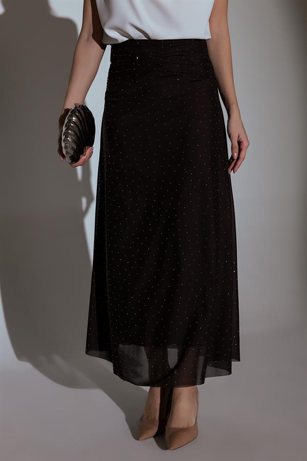 Taşlı Tül Etek - KAHVERENGİ