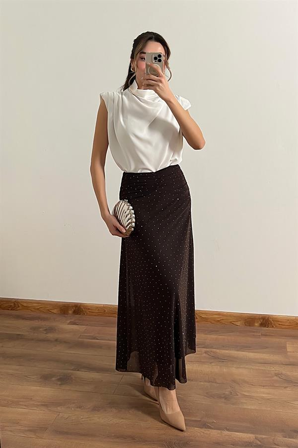 Taşlı Tül Etek - KAHVERENGİ