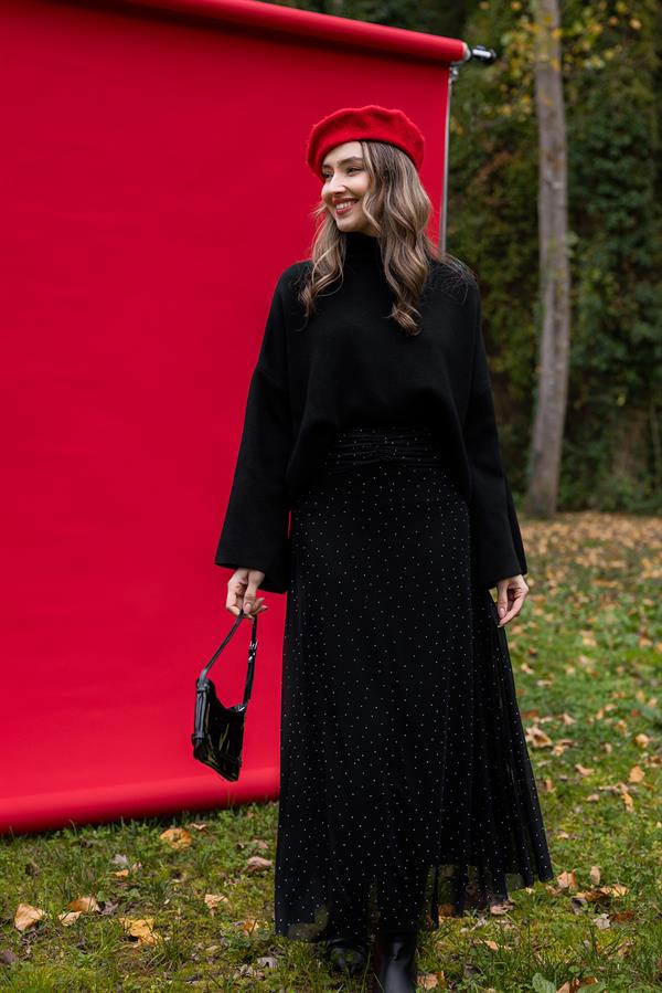 Taşlı Tül Etek - SİYAH