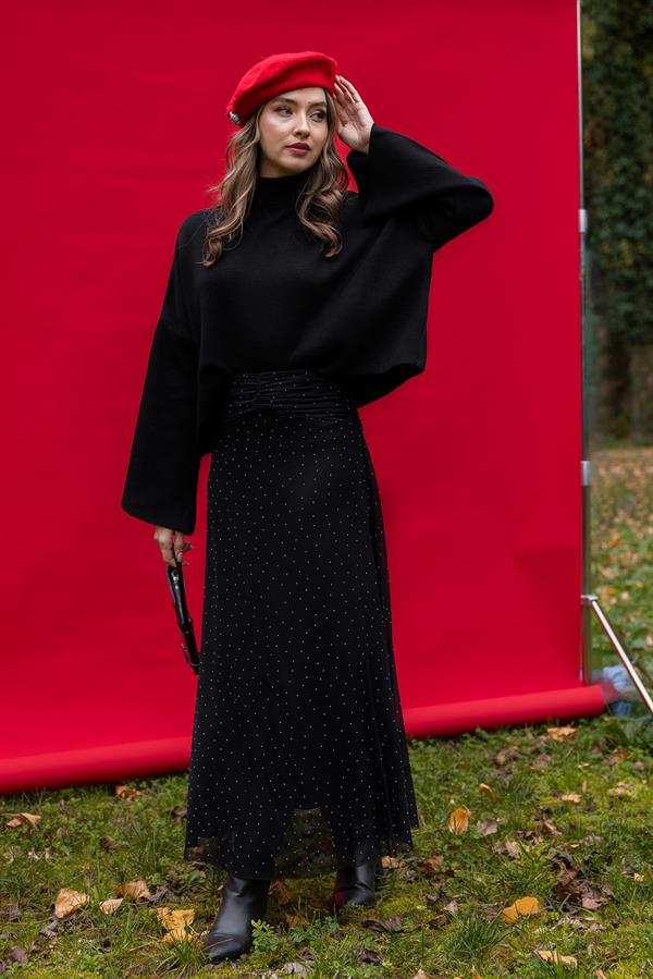 Taşlı Tül Etek - SİYAH