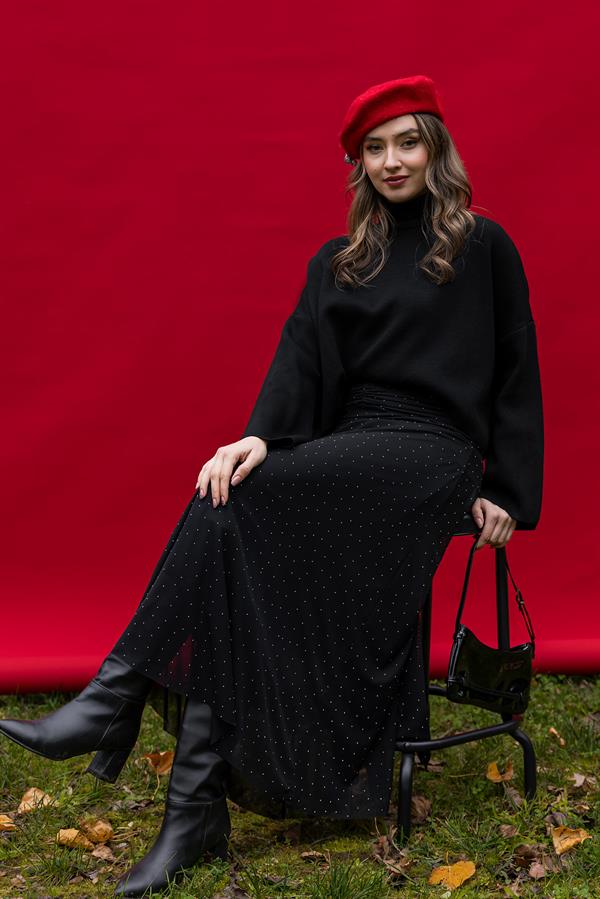 Taşlı Tül Etek - SİYAH