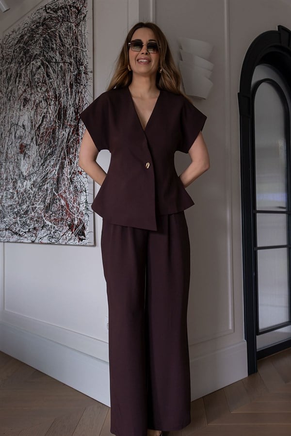 Tek Düğme Yelekli Takım - KAHVERENGİ