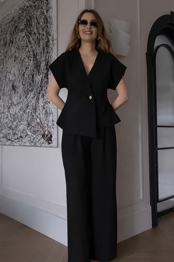 Tek Düğme Yelekli Takım - SİYAH