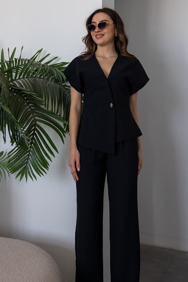 Tek Düğme Yelekli Takım - SİYAH
