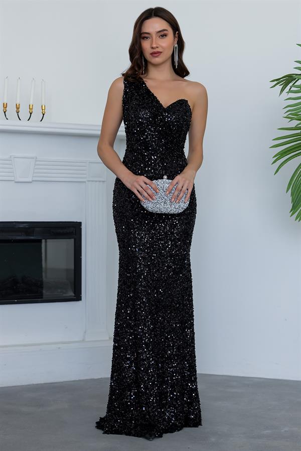 Tek Omuz Balık Abiye - SİYAH