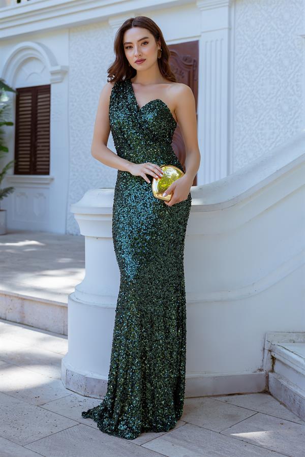 Tek Omuz Balık Abiye - ZÜMRÜT YEŞİL