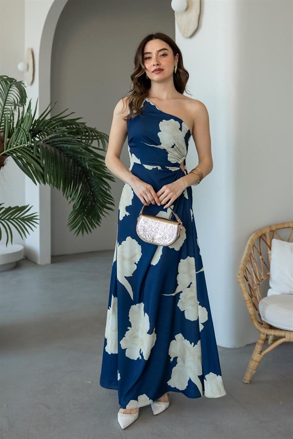 Tek Omuz Bel Drapeli Abiye - İNDİGO