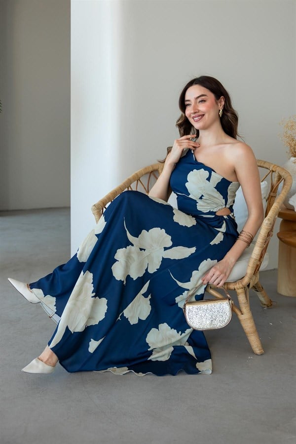 Tek Omuz Bel Drapeli Abiye - İNDİGO