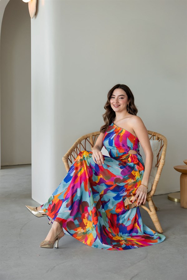 Tek Omuz Bel Drapeli Abiye - MAVİ