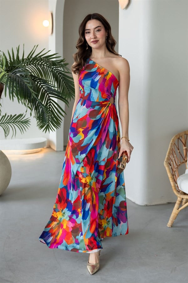 Tek Omuz Bel Drapeli Abiye - MAVİ