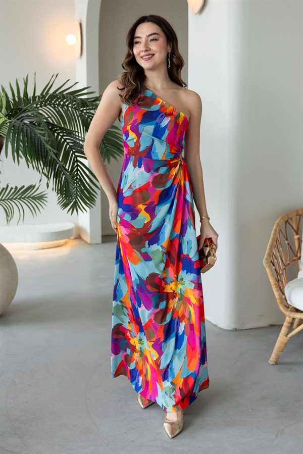 Tek Omuz Bel Drapeli Abiye - MAVİ