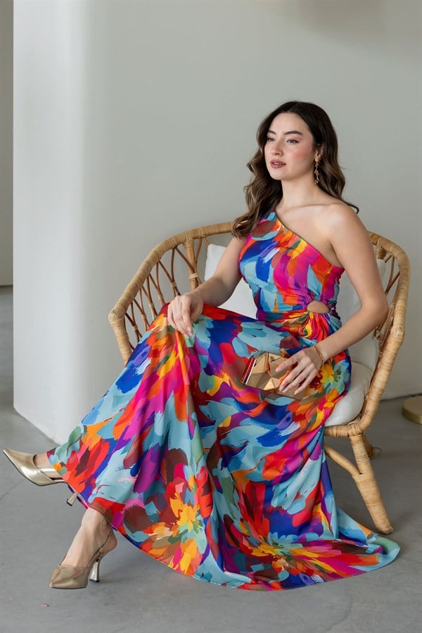 Tek Omuz Bel Drapeli Abiye - MAVİ