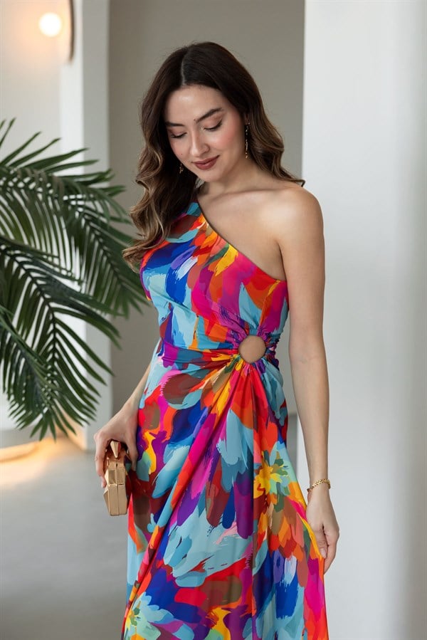 Tek Omuz Bel Drapeli Abiye - MAVİ