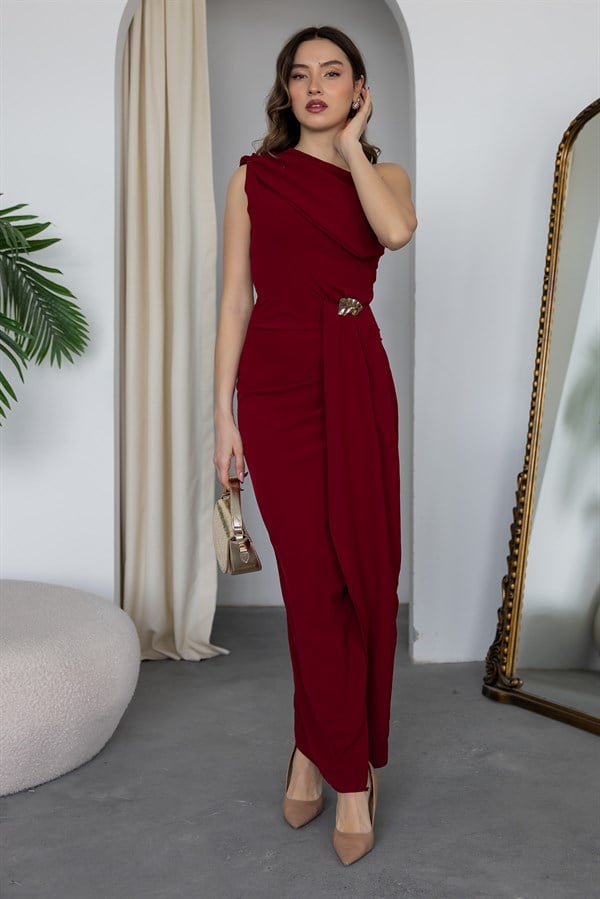 Tek Omuz Broşlu Elbise - BORDO