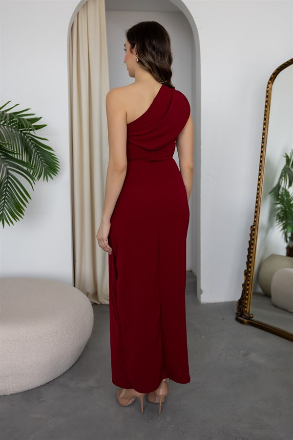 Tek Omuz Broşlu Elbise - BORDO