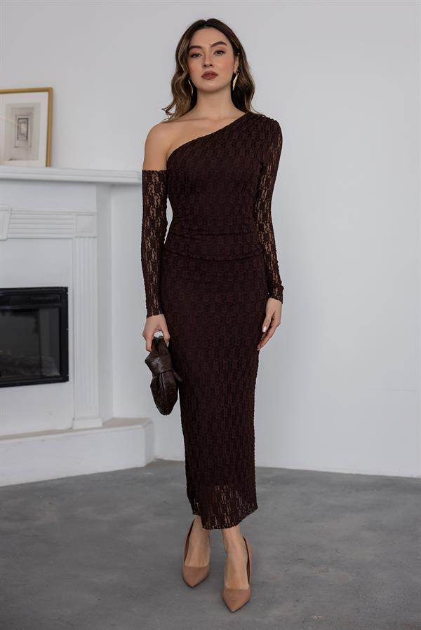 Tek Omuz Dantel Elbise - KAHVERENGİ