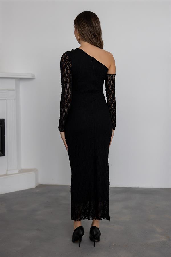 Tek Omuz Dantel Elbise - SİYAH