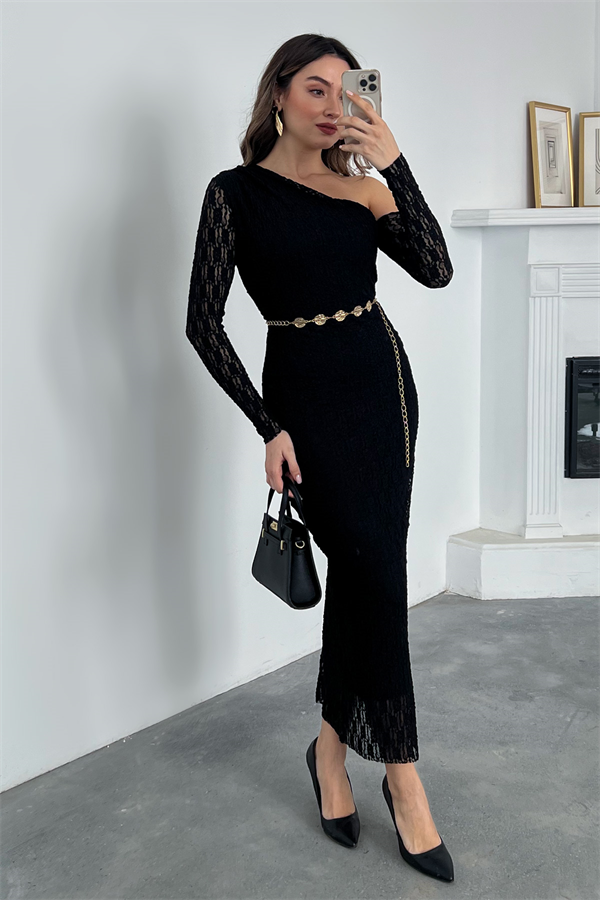 Tek Omuz Dantel Elbise - SİYAH