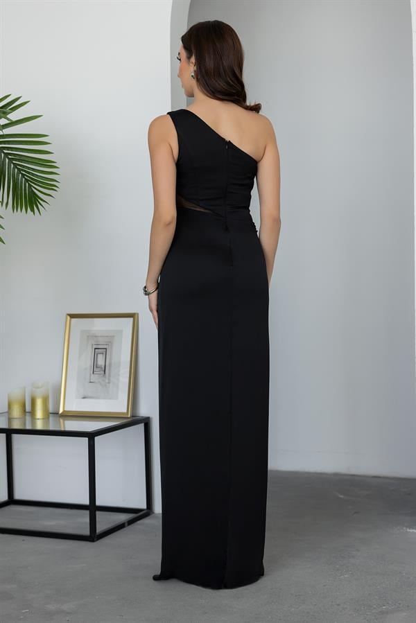 Tek Omuz Drapeli Abiye - SİYAH