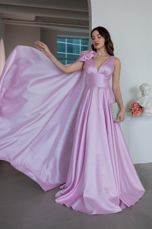 Tek Omuz Gül Detaylı Abiye - PEMBE