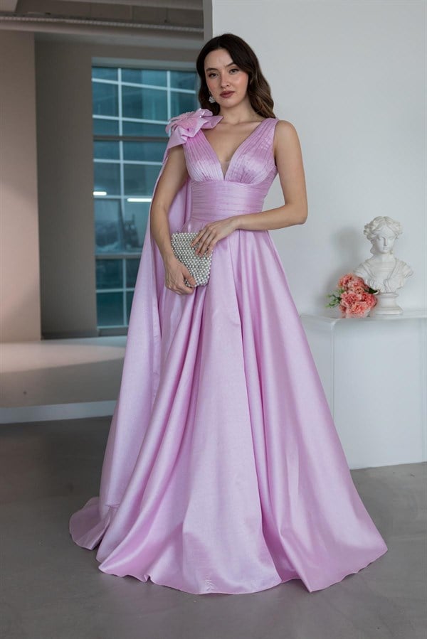 Tek Omuz Gül Detaylı Abiye - PEMBE