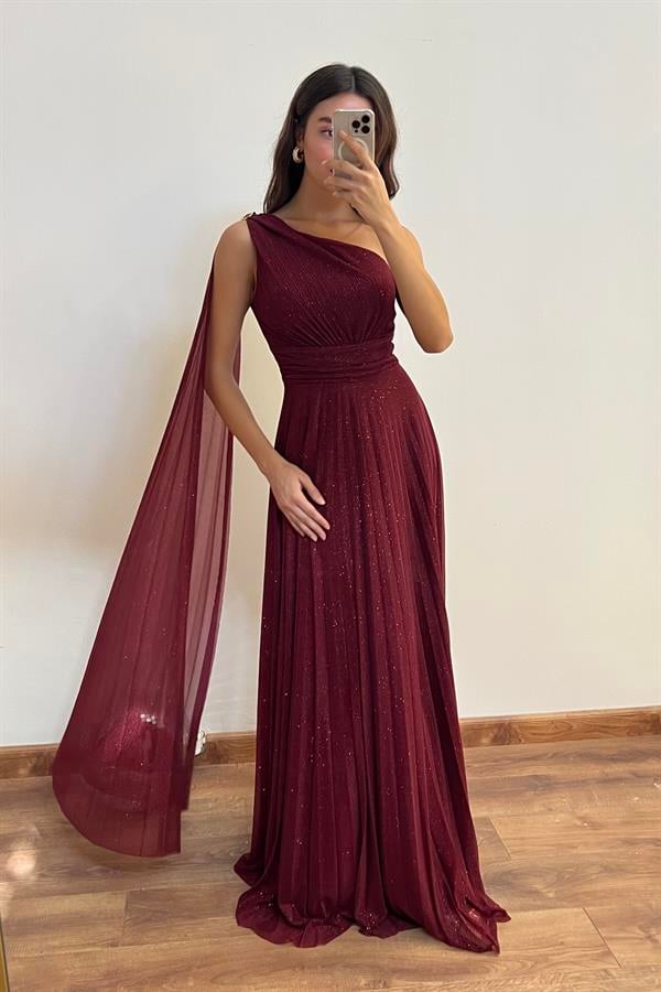 Tek Omuz Piliseli Abiye - BORDO
