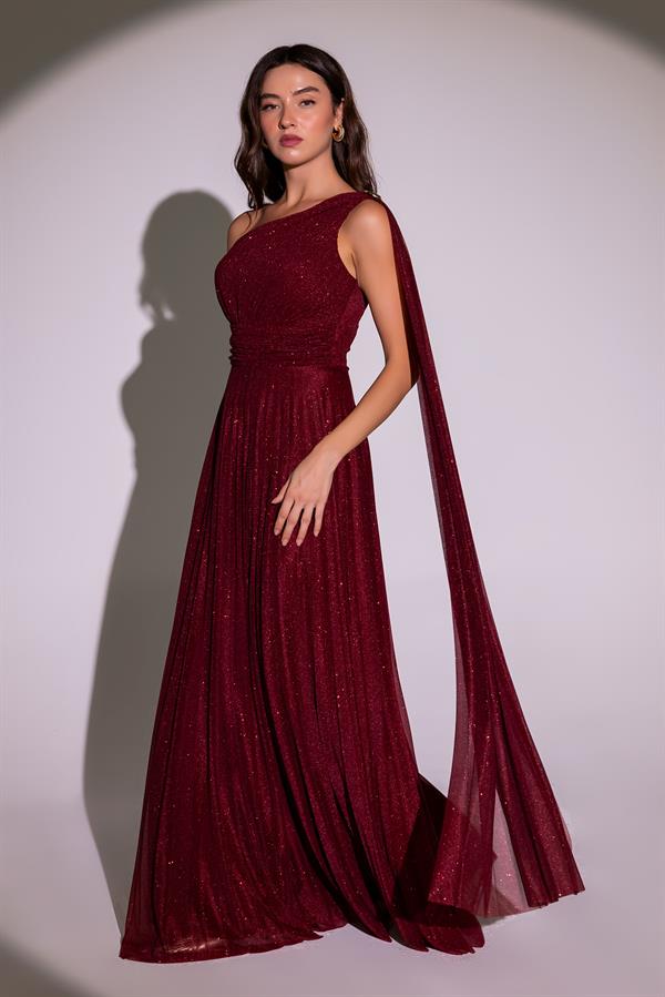 Tek Omuz Piliseli Abiye - BORDO