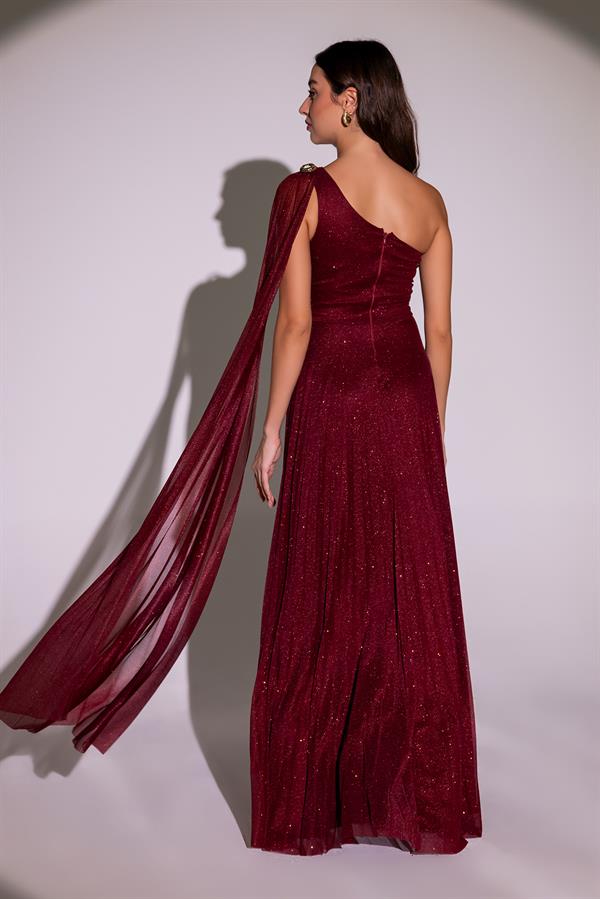 Tek Omuz Piliseli Abiye - BORDO