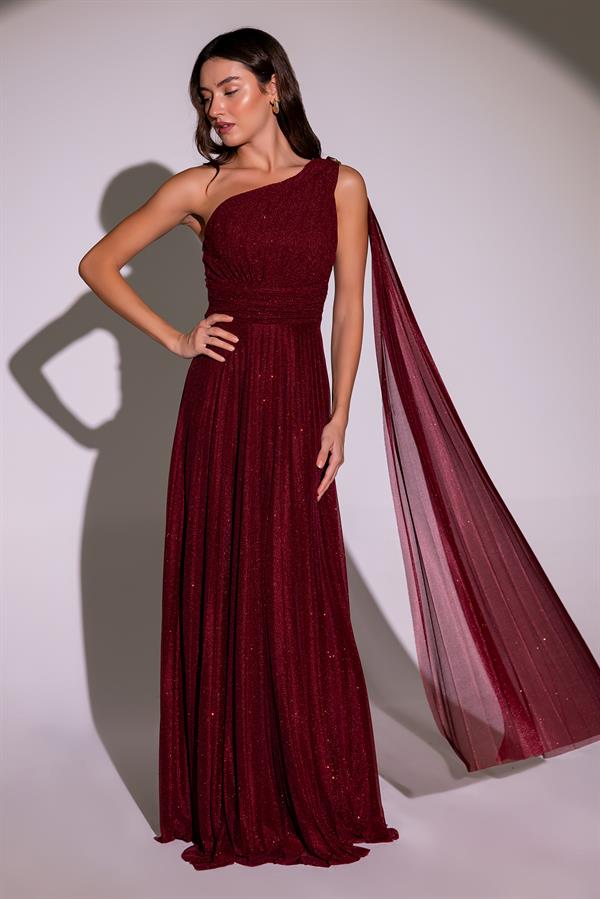 Tek Omuz Piliseli Abiye - BORDO