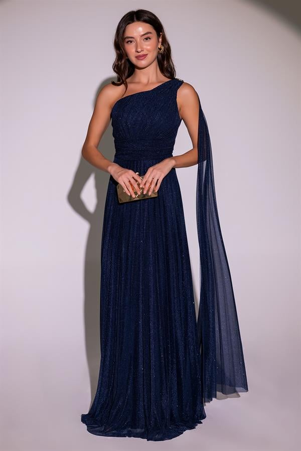 Tek Omuz Piliseli Abiye - LACİVERT