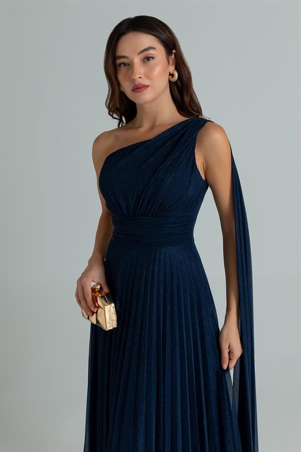 Tek Omuz Piliseli Abiye - LACİVERT