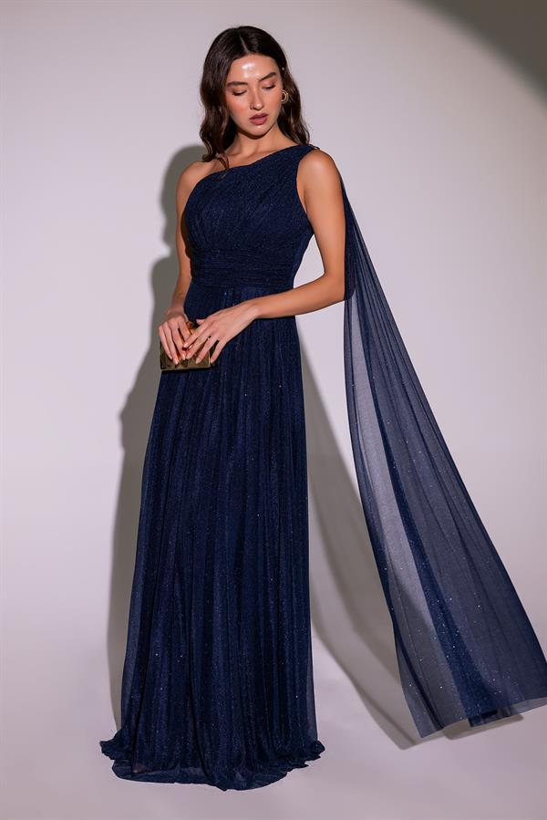 Tek Omuz Piliseli Abiye - LACİVERT