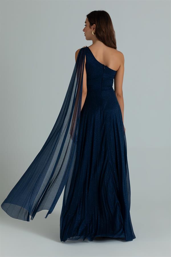 Tek Omuz Piliseli Abiye - LACİVERT