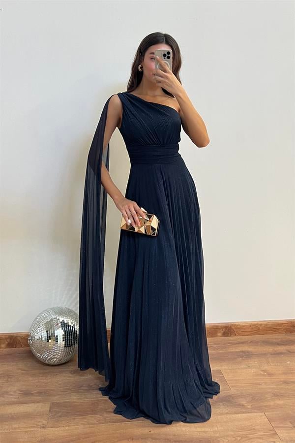 Tek Omuz Piliseli Abiye - LACİVERT