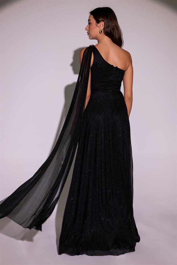 Tek Omuz Piliseli Abiye - SİYAH