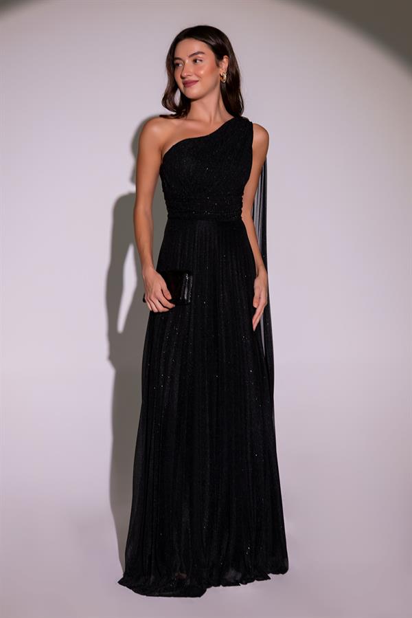 Tek Omuz Piliseli Abiye - SİYAH