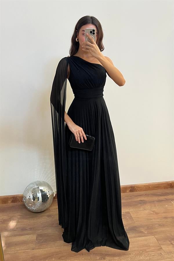 Tek Omuz Piliseli Abiye - SİYAH