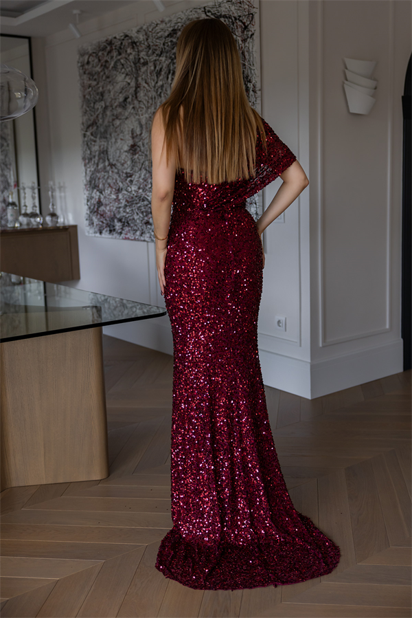 Tek Omuz Pullu Abiye - BORDO