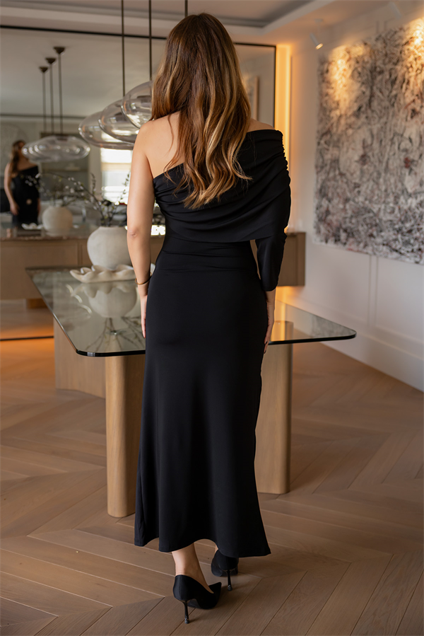 Tek Omuz Sandy Elbise - SİYAH