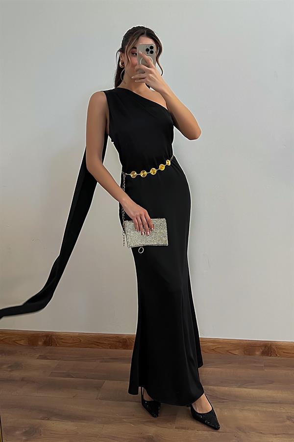 Tek Omuz Saten Elbise - SİYAH
