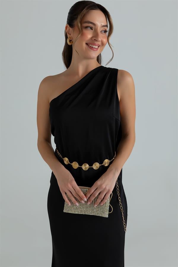 Tek Omuz Saten Elbise - SİYAH