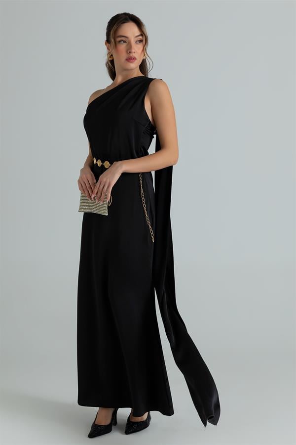 Tek Omuz Saten Elbise - SİYAH