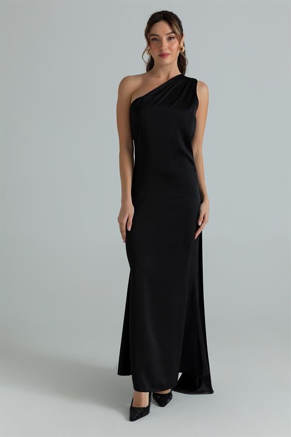 Tek Omuz Saten Elbise - SİYAH